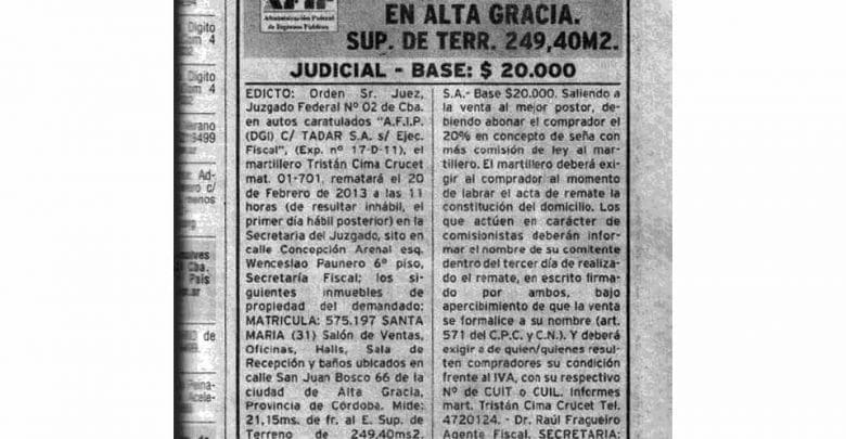 Edicto publicado en el diario La Voz del Interior el día sábado 16 de febrero