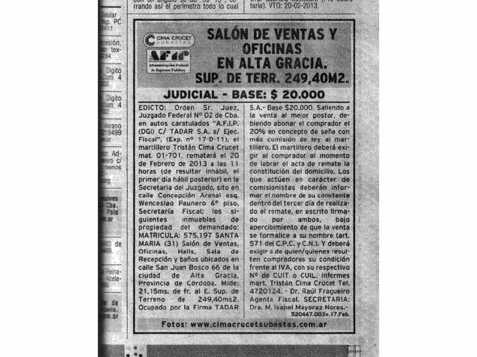 Edicto publicado en el diario La Voz del Interior el día sábado 16 de febrero