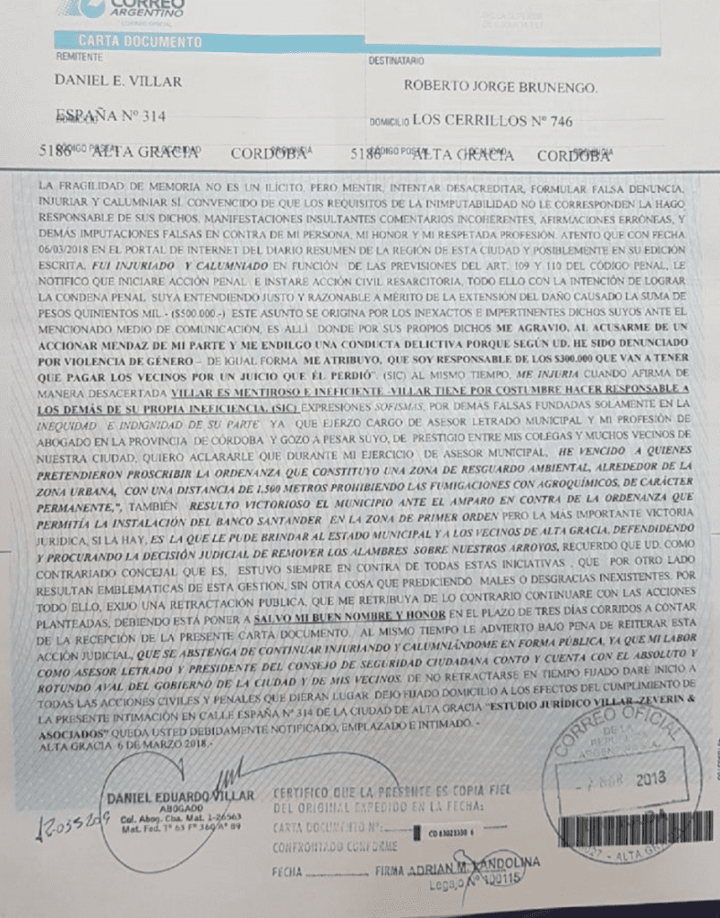 Carta Villar - Diario Resumen de la región
