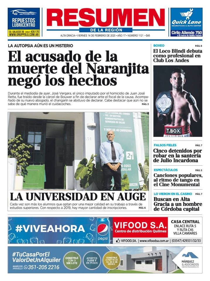 Tapa edición impresa viernes 14 de febrero de 2020 - Diario Resumen de la región