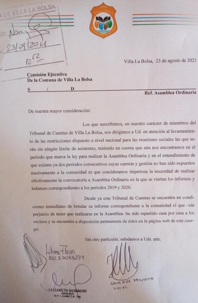 tribunal de cuentas villa la bolsa pedido de asamblea - Diario Resumen de la región